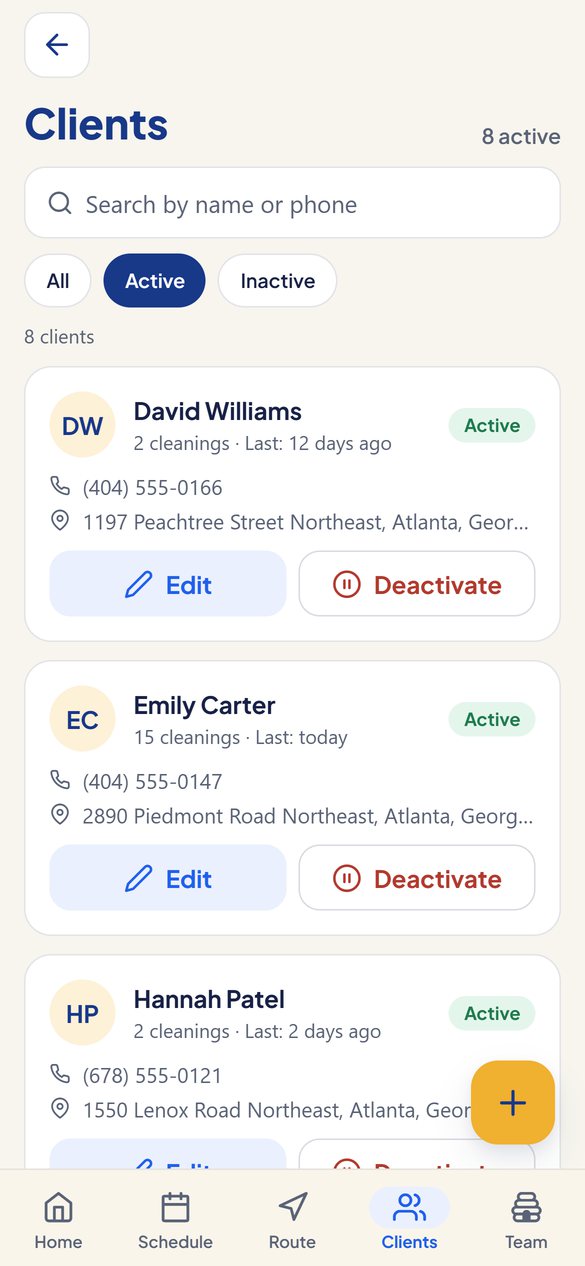 Every client, rate and address in one searchable list.