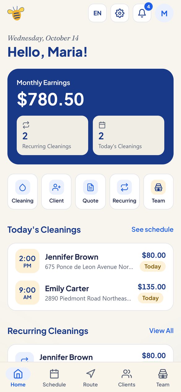 Earnings, today's jobs and active recurring clients at a glance.