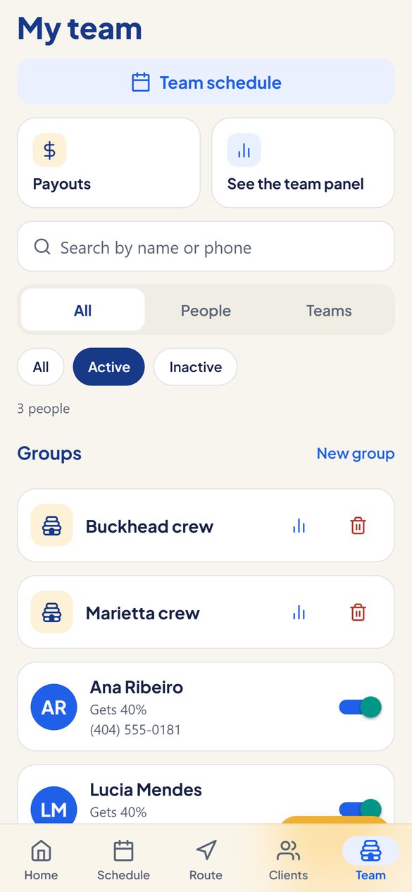 Your people and groups, payouts and the team panel, all in one tab.